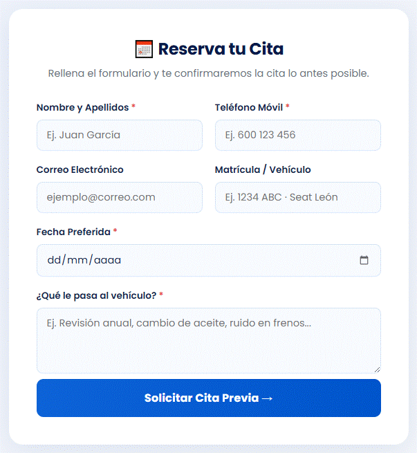 Formulario público de solicitud de cita online de TallerMatic