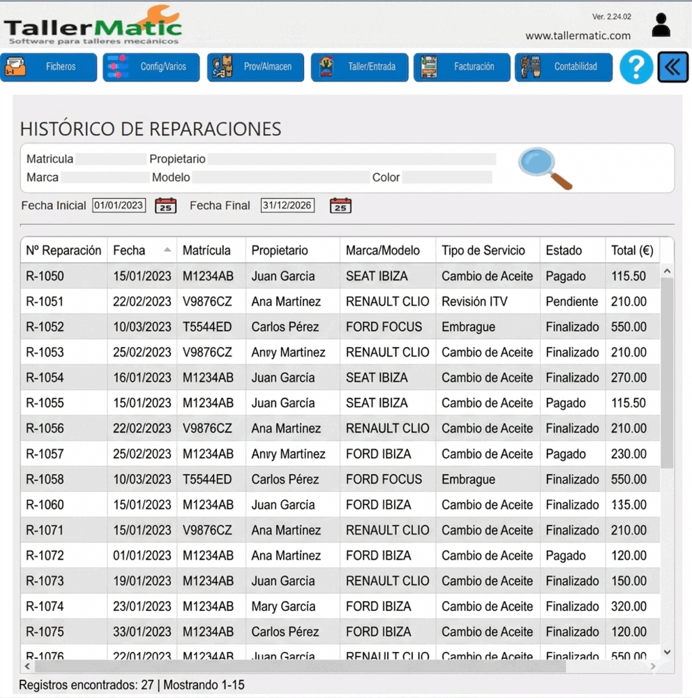 Historial completo de cada vehículo