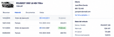 Datos de una entrada del vehículo en TallerMatic