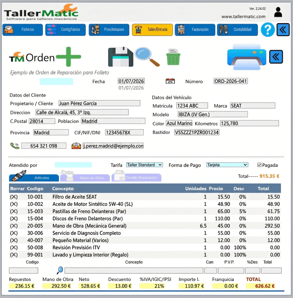 Orden de reparación para taller mecánico